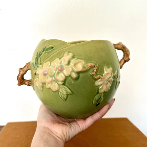 RARE 1940’s ROSEVILLE POTTERY GREEN APPLE BLOSSOM JARDINIERE No342-6