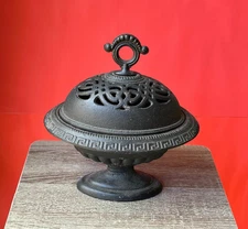 ANTIQUE Cast Iron Incense Burner (Censer) | Greek Key  Style | Lidded 10"