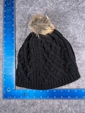 Beanie Toque Womens Black Cable Knit Acrylic Poly Lined Faux Fur Snow Ski Pom