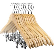 12-Pack Wooden Pant Hanger, Wooden Suit Hangers with Steel Clips and Hooks, N...
