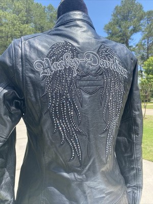 Harley Davidson Women Rhinestone Angel Wings BLING Leather Jacket