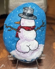 Hand Painted Rock "Snowman Backside!” Collectible Garden Decor Art Gift