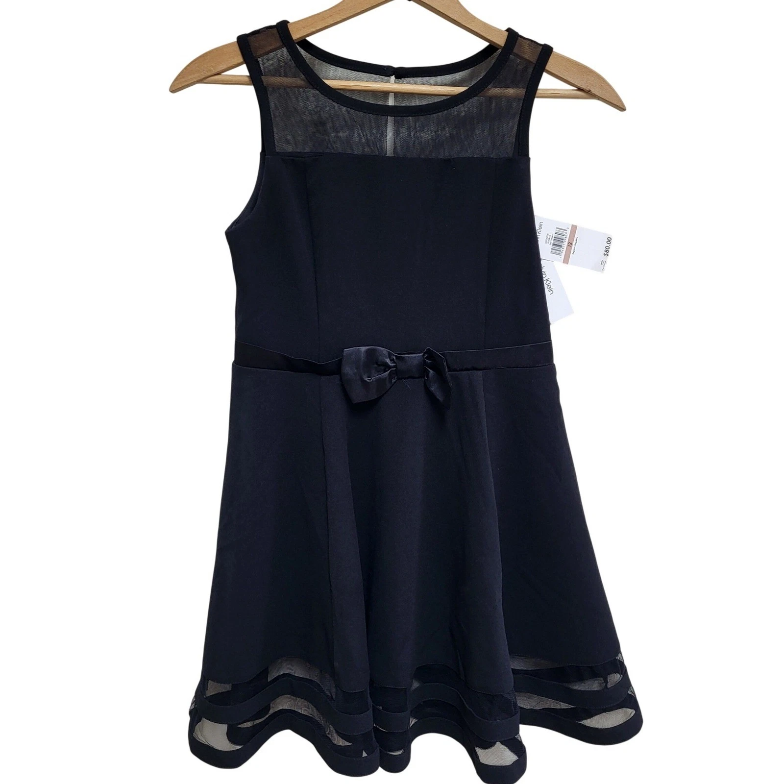 Calvin Klein Girls Size 12 Black Mesh Overlay Bow Detail Fit Flare Dress NWT