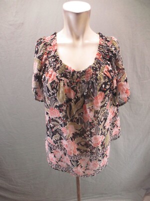 DR2 Size L Womens Multicolor Ruched Round Neck Short Sleeve Flowy Summer Top 150