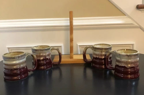 Rodolfo Padilla VTG Studio Art Stoneware 4 Mugs And 1 Stand Set, Signed