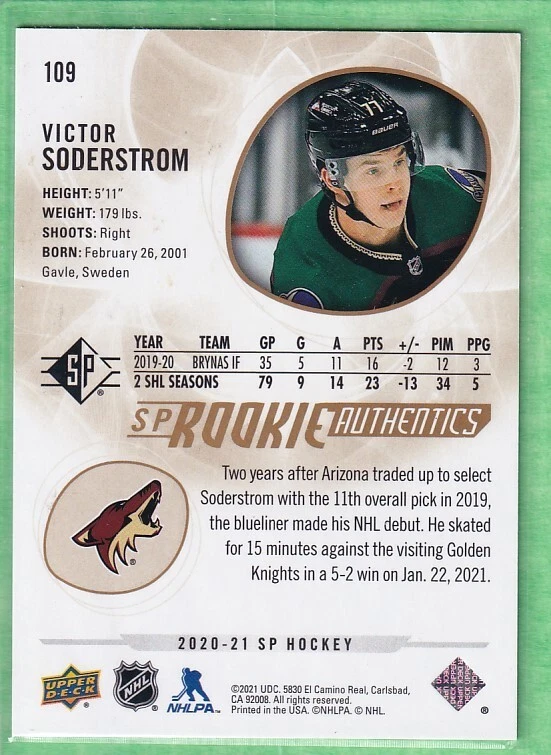 2020-21 SP Retail Pyrotechnic Gold #109 Rookie Authentics Victor Soderstrom - Image 2 of 2