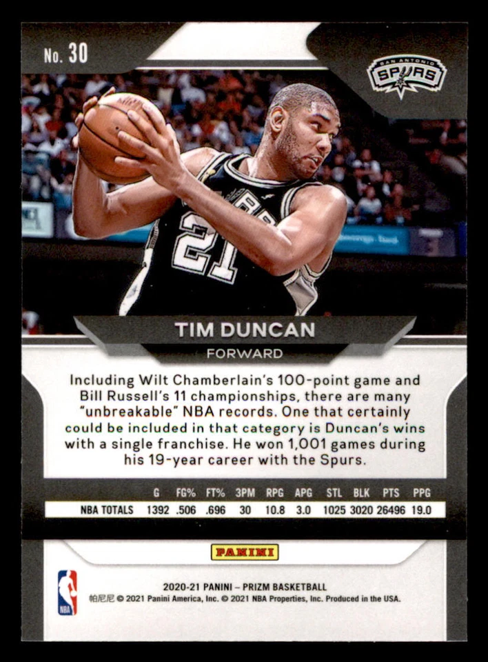 2020-21 Panini Prizm #30 Tim Duncan - Image 2 of 2