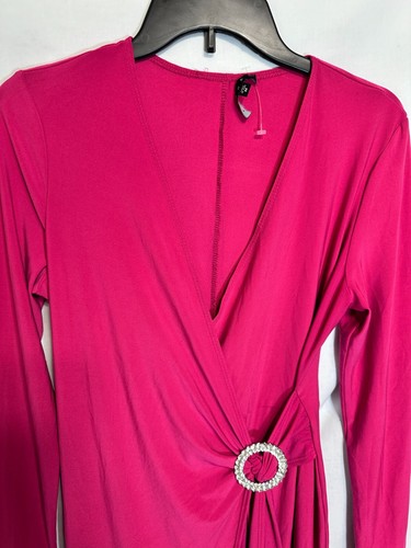 Tiana B. Wrap Dress Fushia Size Medium Plunge Neck Rhinestone Body Con Slinky - Picture 3 of 16
