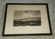 Antique Etching Print Landscape Cityscape Signed Framed