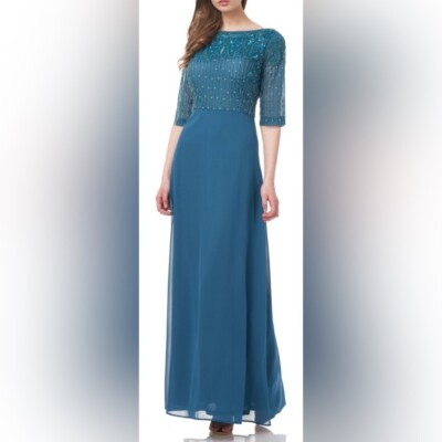 NWT JS Collections Opal Beaded 1/2 Sleeve Evening Gown Dress in Teal Blue - 4