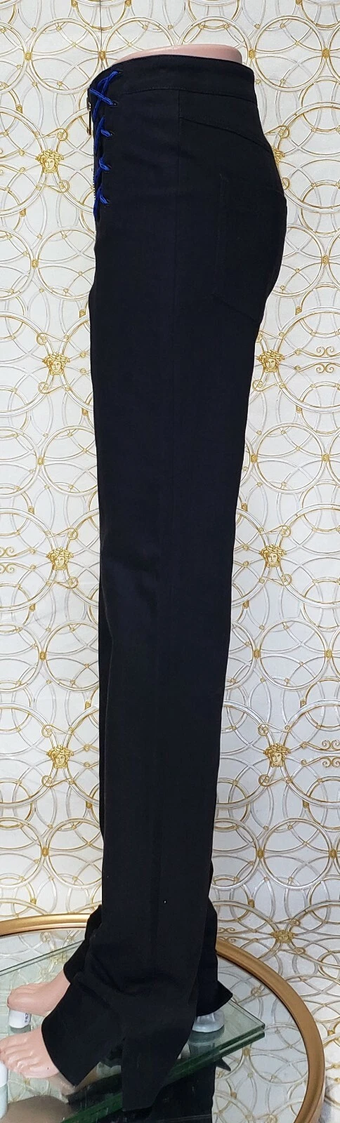 NUOVI JEANS STRETCHY NERI VERSACE con ALLACCIATURA BLU taglia 28