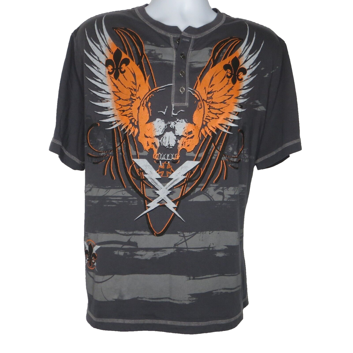トップス 90s unkown Border Henley Neck Shirt No Boundaries 2XL Mens T-shirt Grey SS Henley Orange Wings