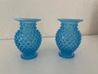 Set of 2 Vintage Fenton Hobnail Blue Opalescent Glass Bud Vases Pair