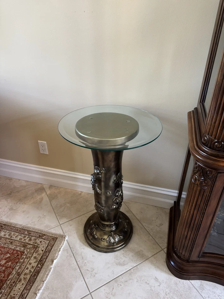 Heavy Bronze Pedestal Table With Glass Top For Living Room Or Decorative Piece - Image 2 of 2