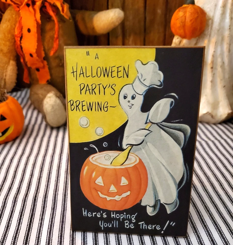 ADORABLE VINTAGE PRIMITIVE SHABBY RETRO STYLE HALLOWEEN GHOST PARTY WOOD SIGN - Image 4 of 4