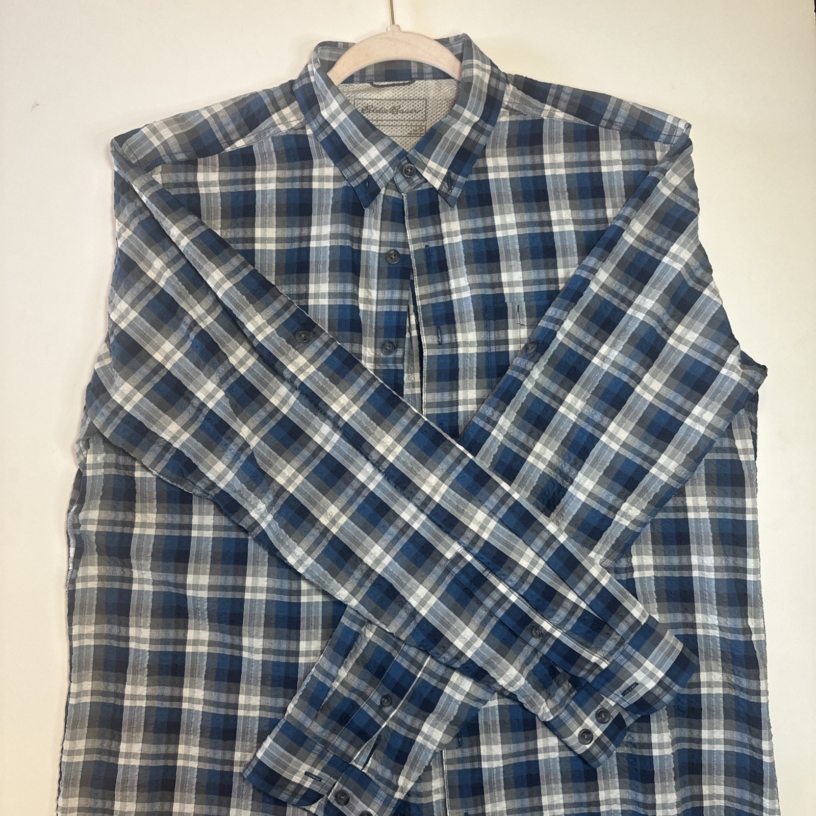 Eddie Bauer TraveX Shirt Mens TL Large Tall Blue Plaid Classic Dress Button Up