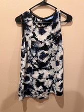 Sleeveless Vera Wang Nylon Trim ASYM Tunic Shirt Sz S, blue/white multi colored