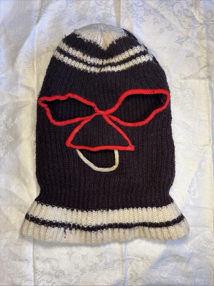 Máscara de ladrón vintage tejida esquí años 70 cara completa 3 agujeros marrón/blanco con contornos rojos Foto 3 de 4