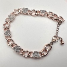 Vintage 90s Gold Tone Heart Link Bracelet Clear Glass Accents Romantic Jewelry