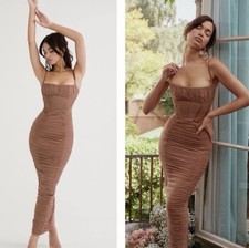 House Of CB Lillian Corset Ruched Mesh Bodycon Maxi Dress Mocha