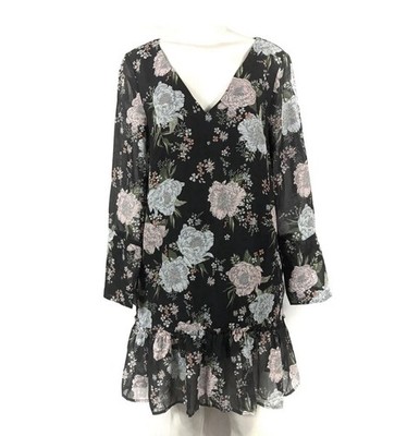 H&M Divided Dress Sz 10 V Neck Long Sleeve Ruffle Boho Festival Floral Tropical