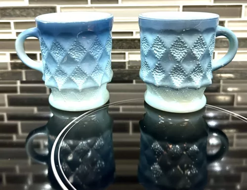 Vtg Kimberly Diamond Quilted Anchor Hocking/Fire King Blue Ombre 8 oz, Mug (2)