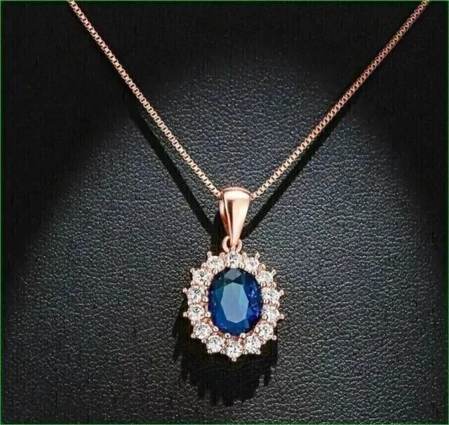 Colgante de diamantes y zafiros azules ovalados naturales de 2,50 quilates cadena de oro rosa de 14 k Foto 2 de 4