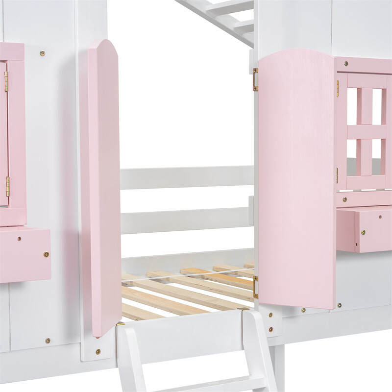 Twin over Twin House Bunk Bed with Roof,Window,Storage Box,Door for Kids Gifts
