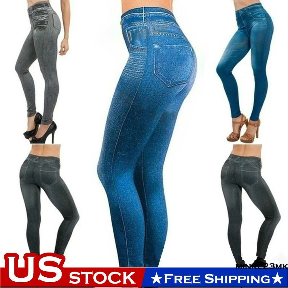 Women High Waist Stretchy Jeggings Ladies Skinny Leggings Denim Look Jeans  Pants