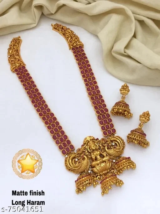 South Indian Bollywood Matt Gold Plated Bridal Kempu Temple Necklace Jewelry