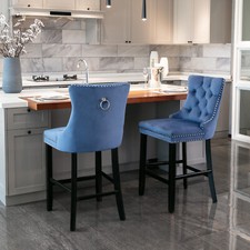 Bar Stools Set of 2 Counter Height Bar Stools Velvet High Back Bar Chairs Blue