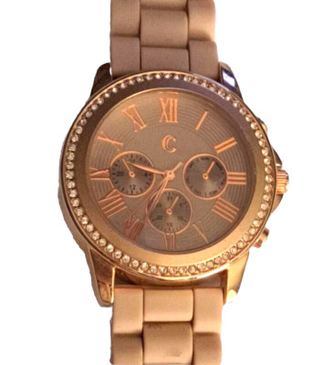 Charming Charlie Women's Beige Watch Crystals Around Face Silicone Band 10''