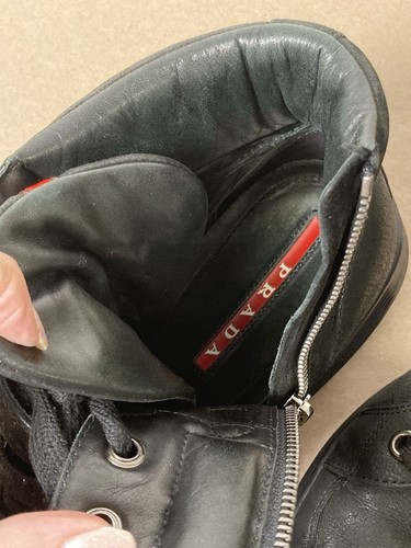 Prada Sport High Tops black Trainers Leather Suede Zip Strap Dust bag size 8.5 - Picture 13 of 24