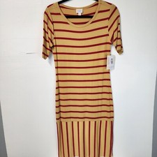 LuLaRoe Womens Small Julia Yellow Red Striped Dress S New Fit Forming