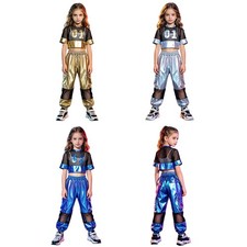 Kids Girls Hip Hop Disco 2-Piece Set Photoshoot Metallic Crop Top Training Show
