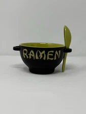 World Market Green And Black  Ramen Bowl Set Bowl And Spoon Used