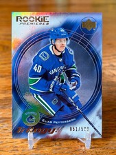 2018-19 UD Trilogy ELIAS PETTERSSON Retro Rookie Premieres /599 Canucks card. rookie card picture