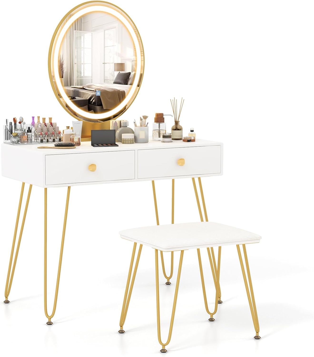 Lighted Makeup Vanity Desk with Mirror, Dressing Table & Chair Set in 3 Adjustable Colors