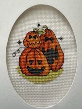 COMPLETED FINISHED CROSS STITCH CARD "CUTE CUTE PUMPKINS”
