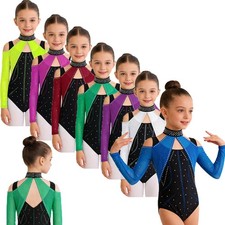 Kids Girls Bodysuit Long Sleeve Jumpsuit Dancewear Leotard Biketard Dance Mesh
