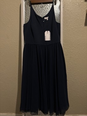 Dress the Population Navy A-Line Midi Dress Lace Hem V-Neck Chiffon 