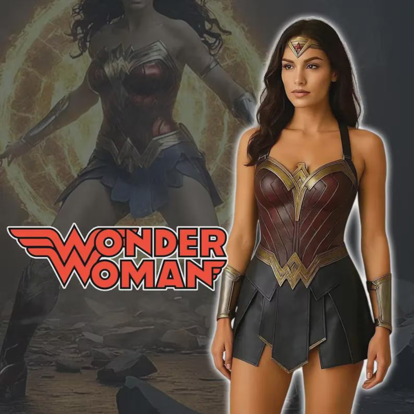 Handmade Wonder Woman Cosplay Costume Leather Corset Bracers Tiara Skirt Comic