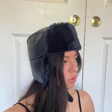 Navy Blue Leather Aviator Hat Faux Fur Trapper Hat with Adjustable Strap