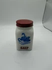 Vntg Milk Glass Salt Shaker, Blue Swan, Red Lid Made In The USA Original Lid