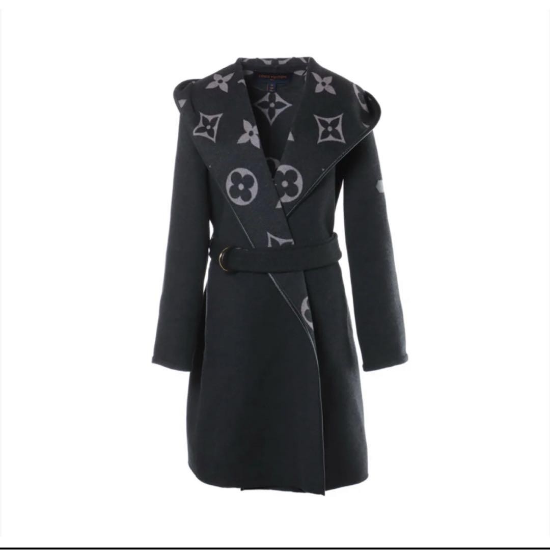 Louis Vuitton Grey Wool Long Coat Flower Pattern Size 36 Used with Cover