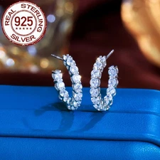 Women Party Double Sided Half Round Tennis CZ 925 Sterling Silver Hoop Earrings