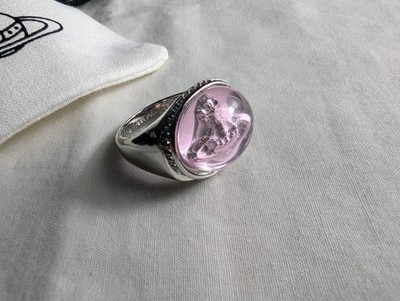Vivienne Westwood Silver and Etched Pink Orb Stone Ring UK Size P