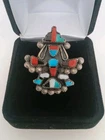 VTG Old Pawn Sterling Silver Knifewing Bird Dancer Turquoise Coral Ring Sz 7