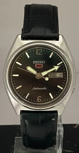 Vintage Classic Seiko5 Black Dial 7009 with "D/D" Automatic Watch Leather Strap