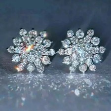 2Ct Round Cut Real Moissanite Womens Cluster Stud Earrings 14K White Gold Plated